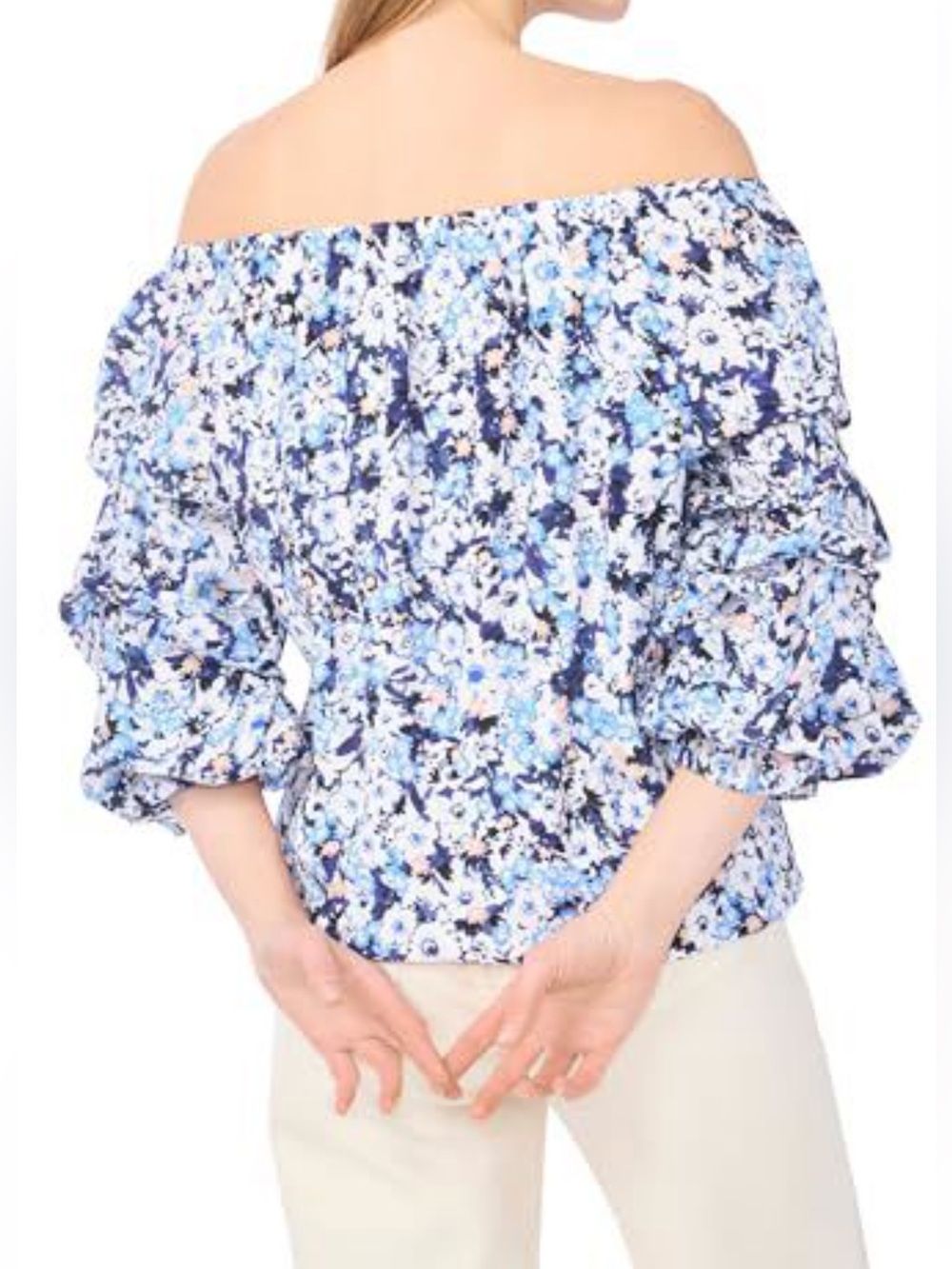 Vince Camuto Off Shoulder Bubble Sleeve Side Tie Blouse, size M, Blue Shadow NWT - Picture 2 of 14